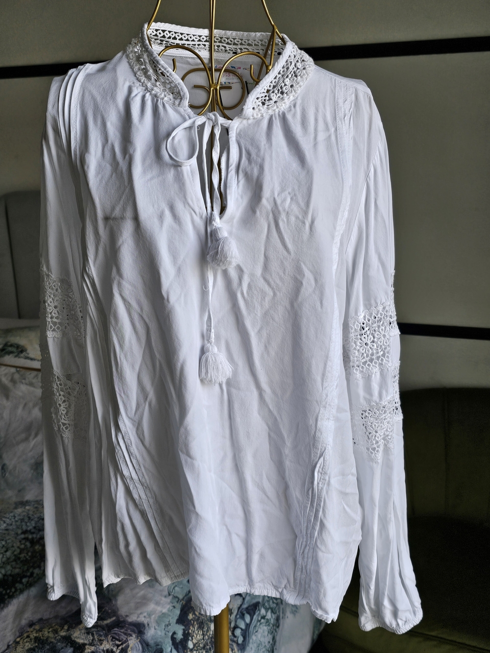 Stella Parker White Crochet Lace Trim Boho Peasant Blouse(XL)
